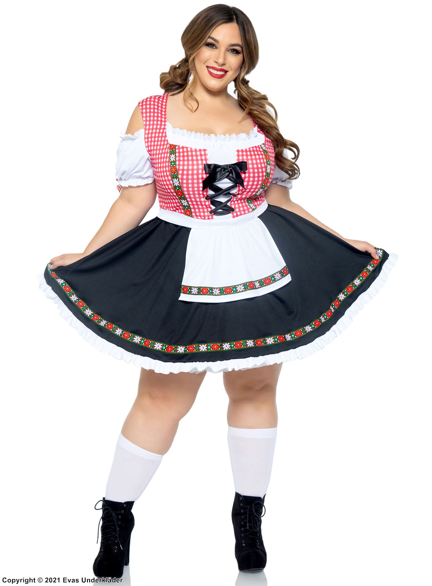 Oktoberfest-Bedienung, Kostüm-Kleid, Schnürung, Rüschenbesatz, Cold Shoulder, Plus Size